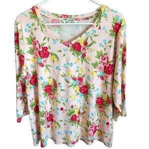 Pioneer Woman SZ Large pullover top Floral pink 3/4 sleeve spring V-Neck